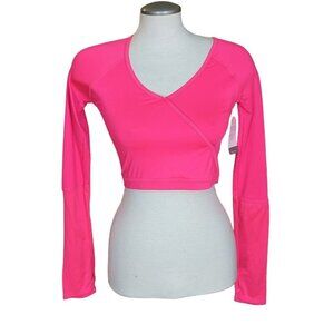 Champion NEW Cropped Top Girls XL 14 Hot Pink Faux Wrap Surplice Long Sleeve